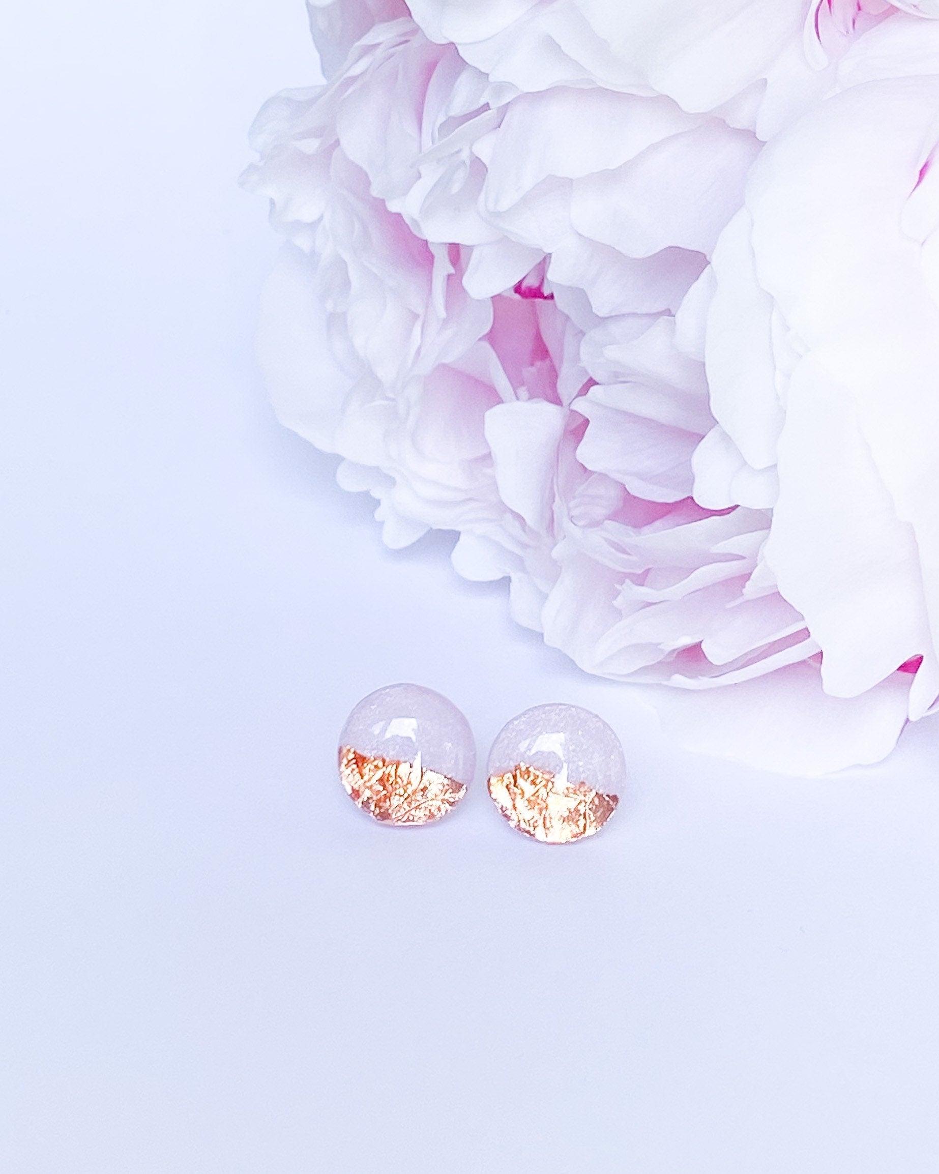 Pink rose stud earrings with gold foil freeshipping - Ollijewelry