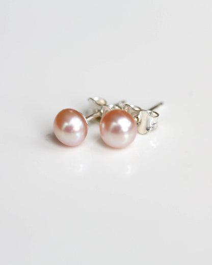 Pearl pink studs earrings with silver posts - Ollijewelry