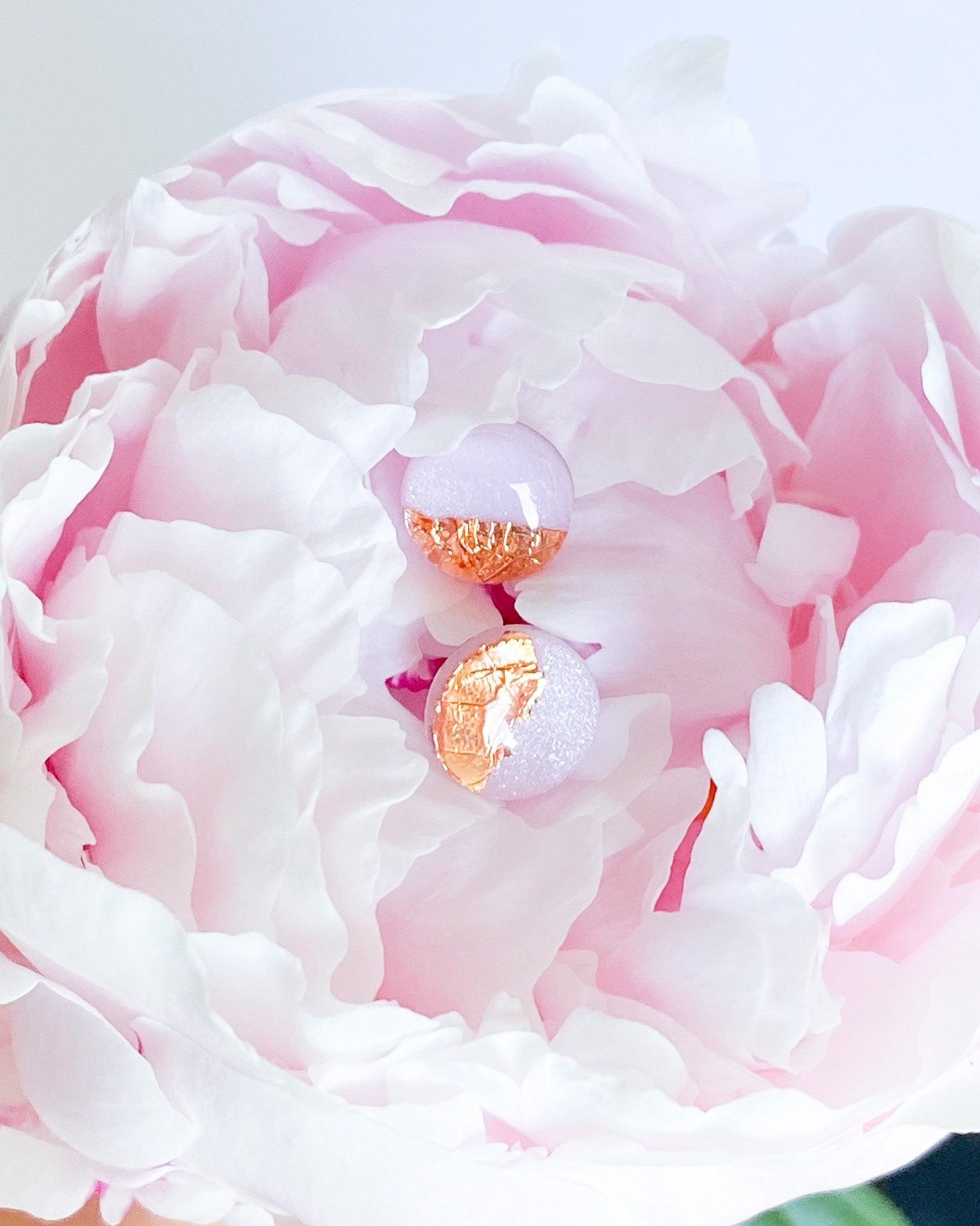 Pink rose stud earrings with gold foil - Ollijewelry